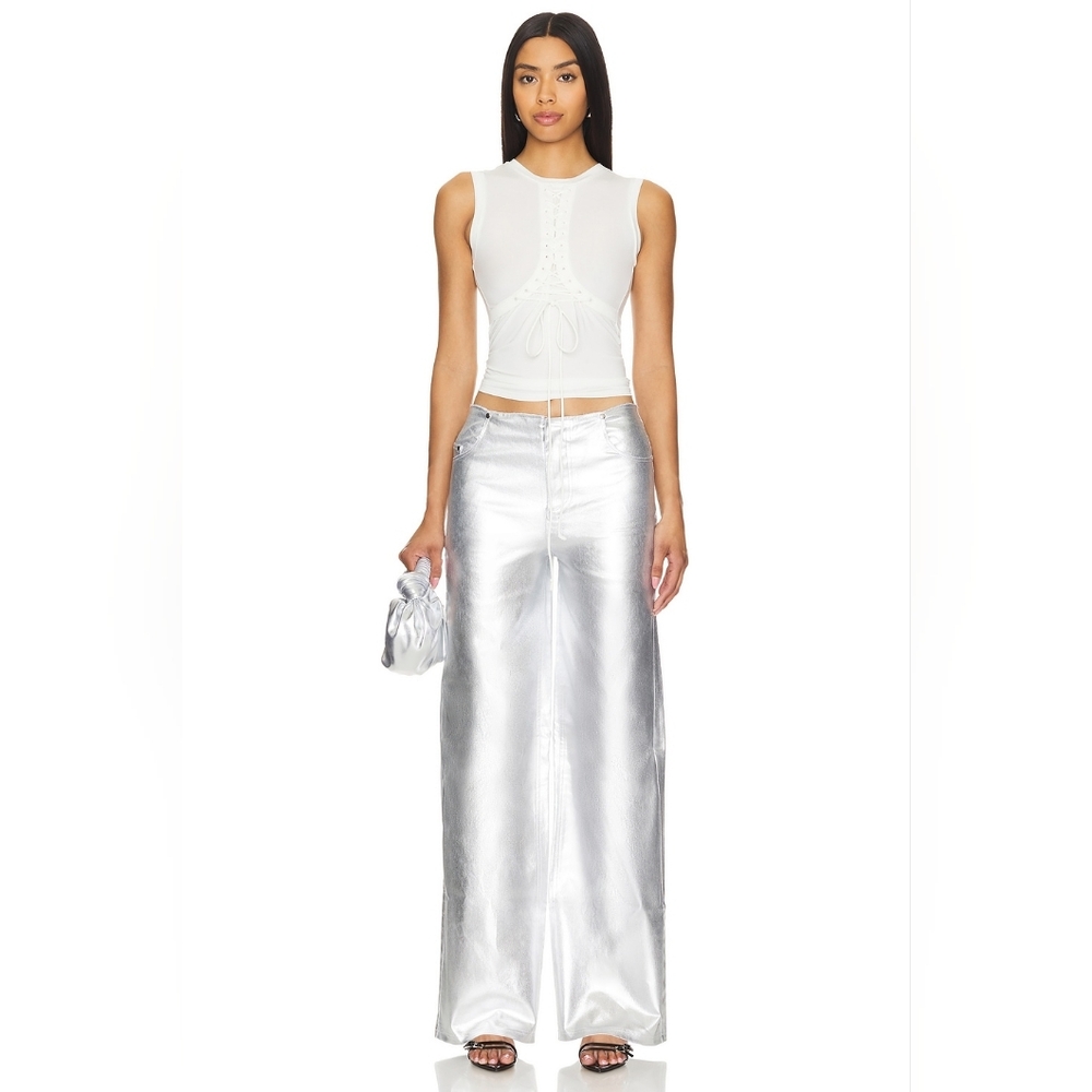 NWT Lovers + Friends Naomi Pants S Small MSRP $188 Shiny Silver Metallic